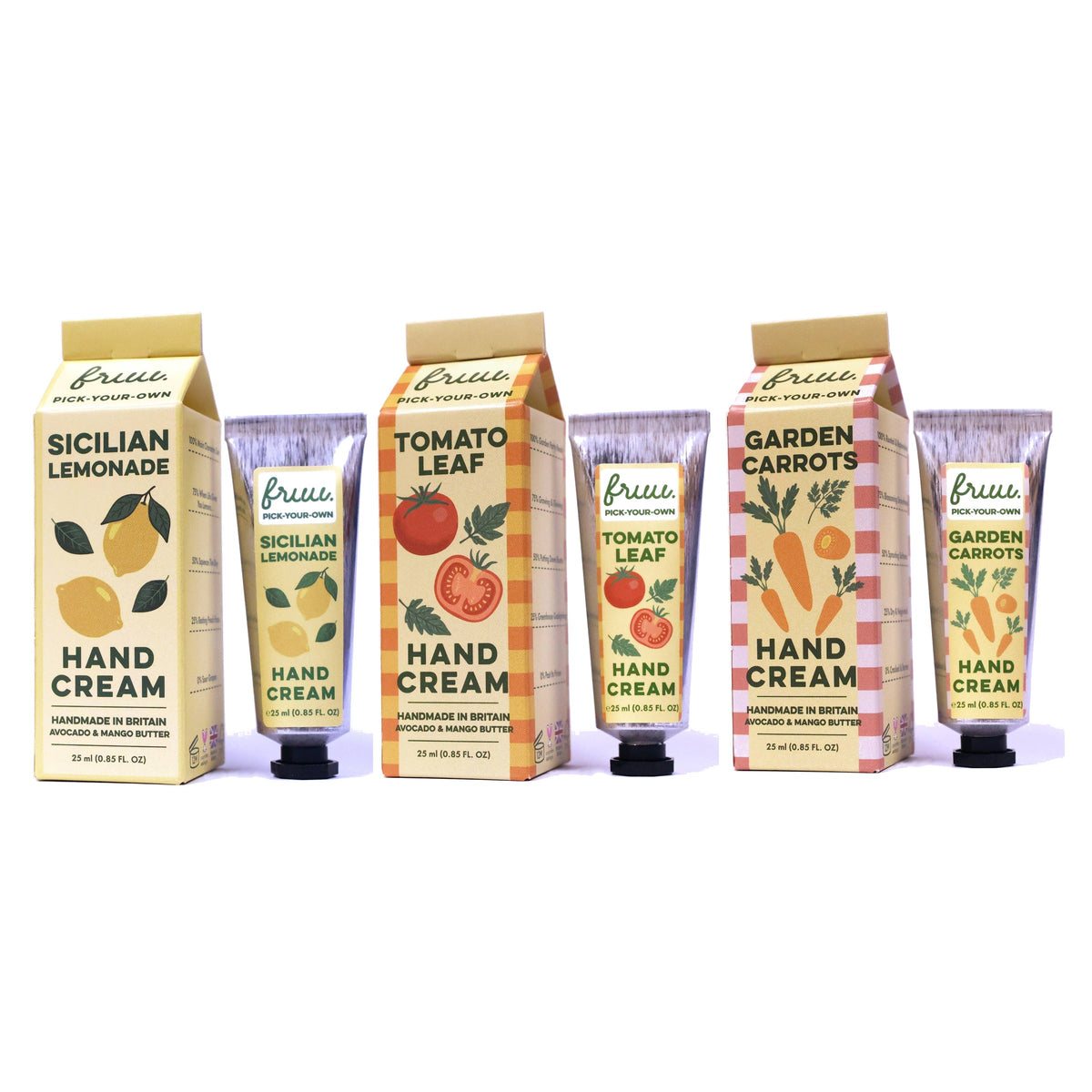 Garden Hand Cream Trio: Sicilian Lemonade, Tomato Leaf and Garden Carrots hand creams, cartons and 25ml tubes